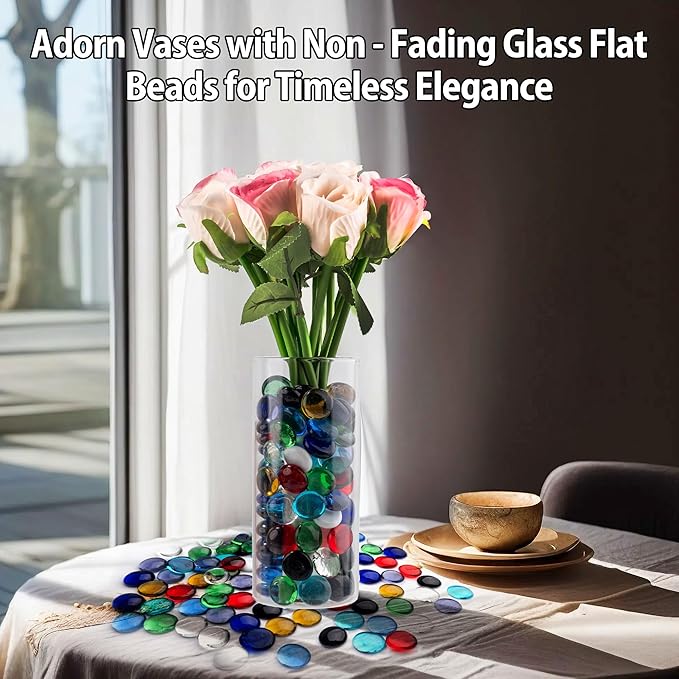 1LB Mix Glass Marbles, Transparent and Smooth Flat Glass Beads for Vases, Mosaic Gem Pebbles for Aquarium Decor, Floral Arrangements, Mancala Stones, Vase Filler and Crafts(Approx. 80-100 PCS)