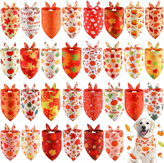 Chunful 30 Pcs Thanksgiving Fall Bandanas for Dogs Autumn Dog Bandanas with Maple Leaves Pumpkin Patterns Soft Bibs Triangle Doggie Scarf for Small Medium Large Pet Costume 25.6 x 17.7 x 17.7 Inch