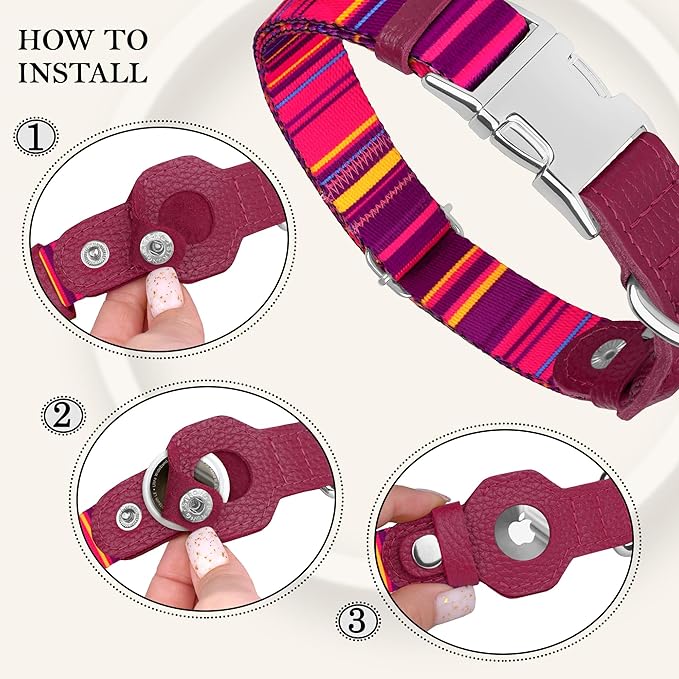 AirTag Dog Collar for Small Medium Large Breed - Adjustable Cute Pattern Dog Collar with Airtag Holder - Soft Leather Tracker GPS Apple Air Tag Pet Collars (Large, 17"-21" Neck Fit, Striped)