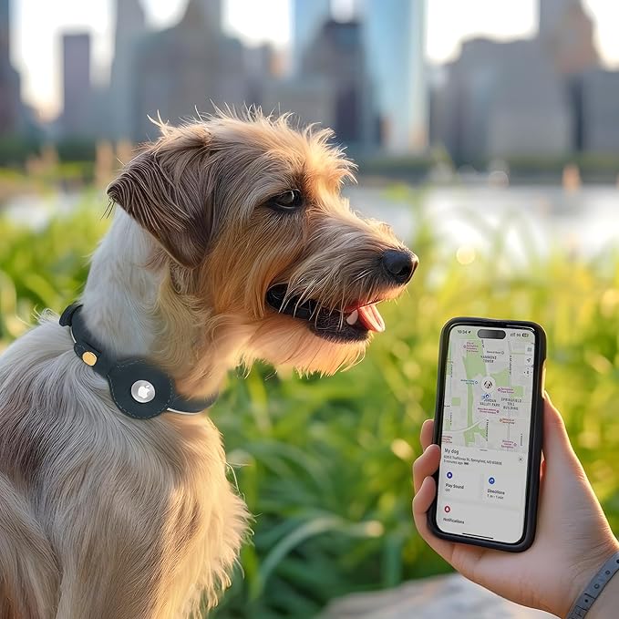 OOPSDOGGY Rolled Leather Dog Collar with Airtag Holder - Reflective Round Airtag Dog Collar - Soft Tracking Pet Collar for Small Dogs Puppy Cats Kitten (Brown, XL, 17"-21")