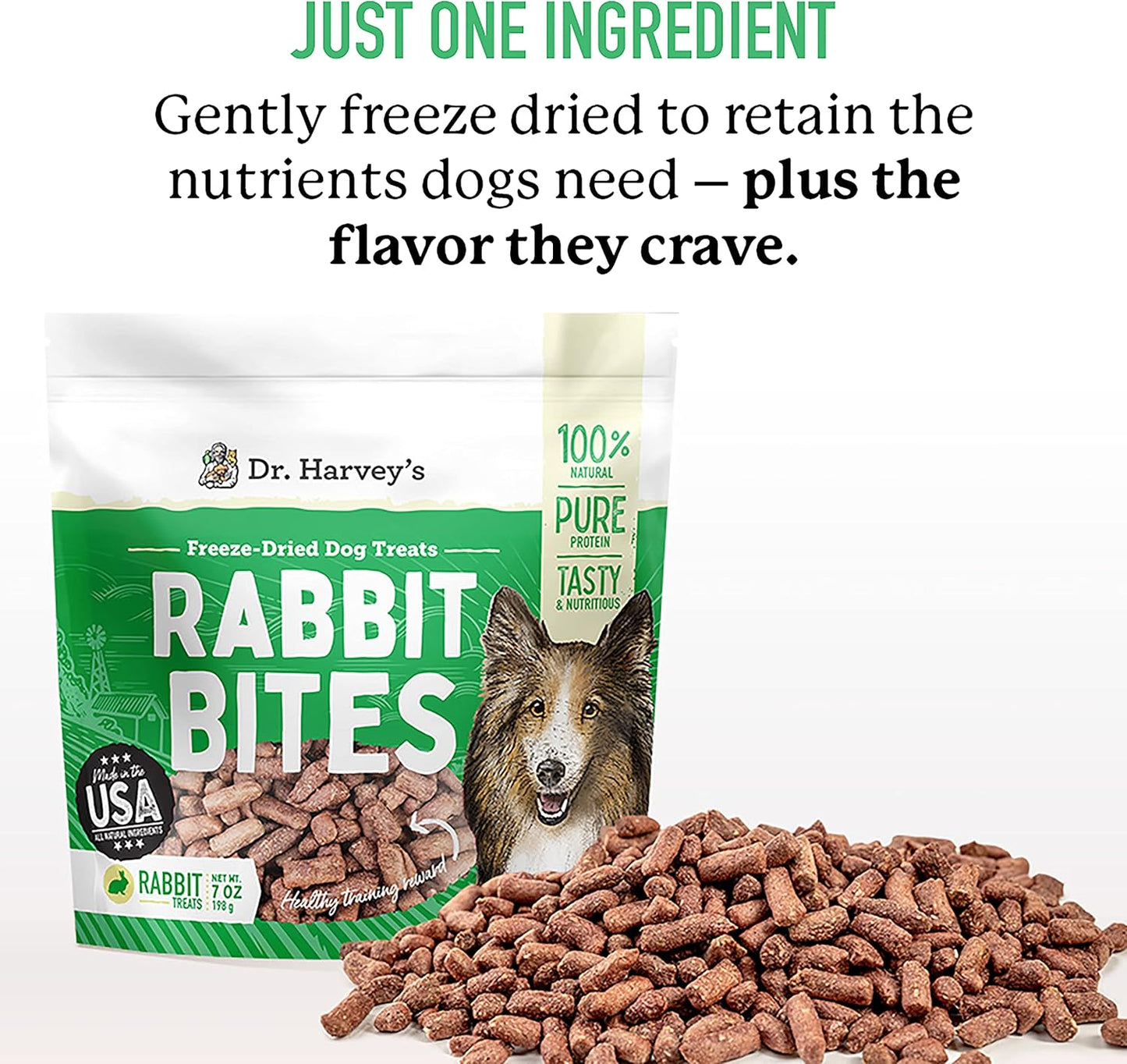Dr. Harvey's Rabbit Bites Freeze-Dried Raw Dog Treats - Single Ingredient, All-Natural Rabbit Meat Protein for Dogs, Allergen-Free - 7 Ounces (3 Pack)