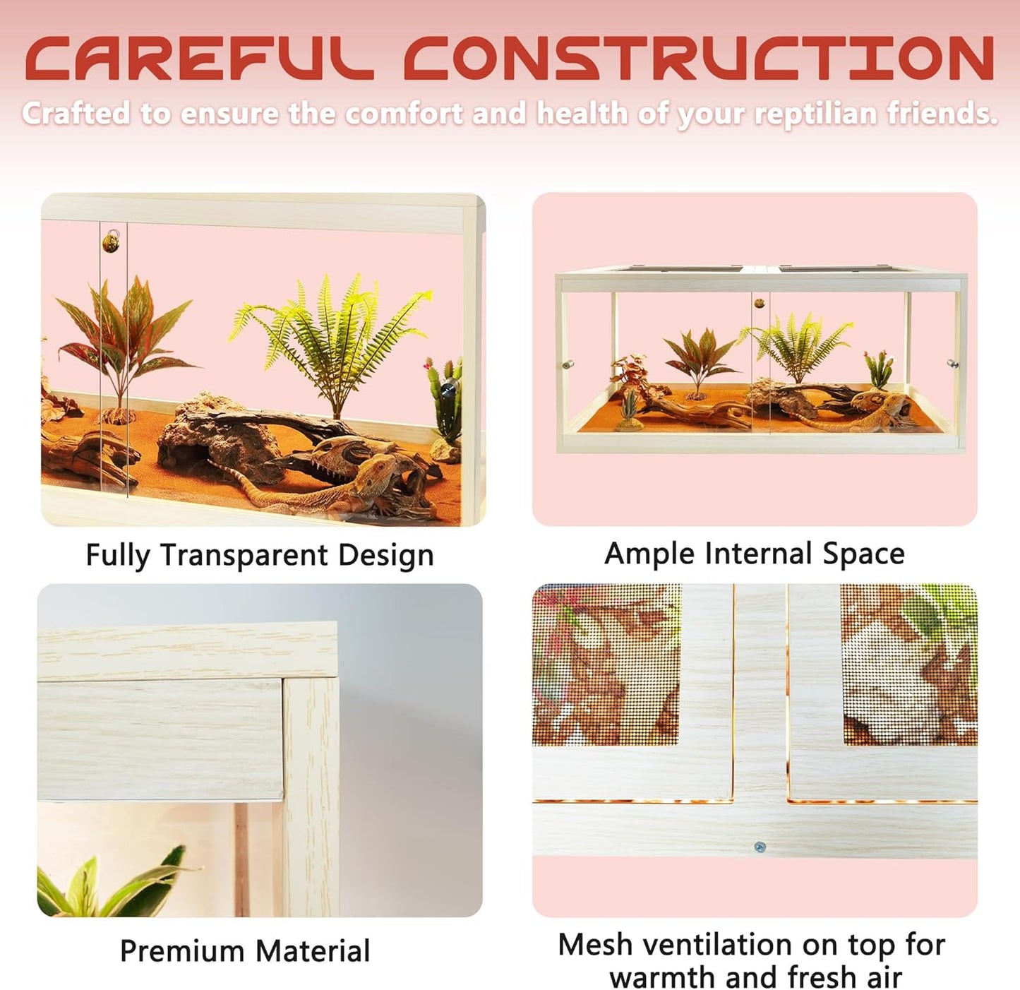 Bearded Dragon Tank with Legs Up to 77 Gallons, Tortoise Habitat with Metal Mesh Top, Reptile Enclosure Lockable Design, Snake Tank (Oak, 77 Gallon, 48" L x 20" W x 47.6" H)