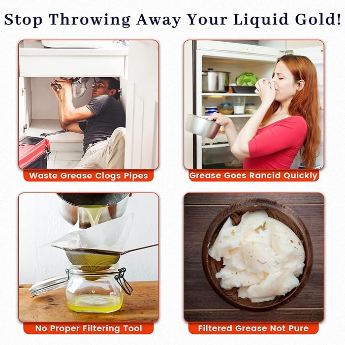 Bacon Grease Container with Strainer - With Food-Grade Silicone Spatula , 46oz Large Enamel Rustic Farmhouse Fat Container , Keeper , Recipes , Dishwasher Safe