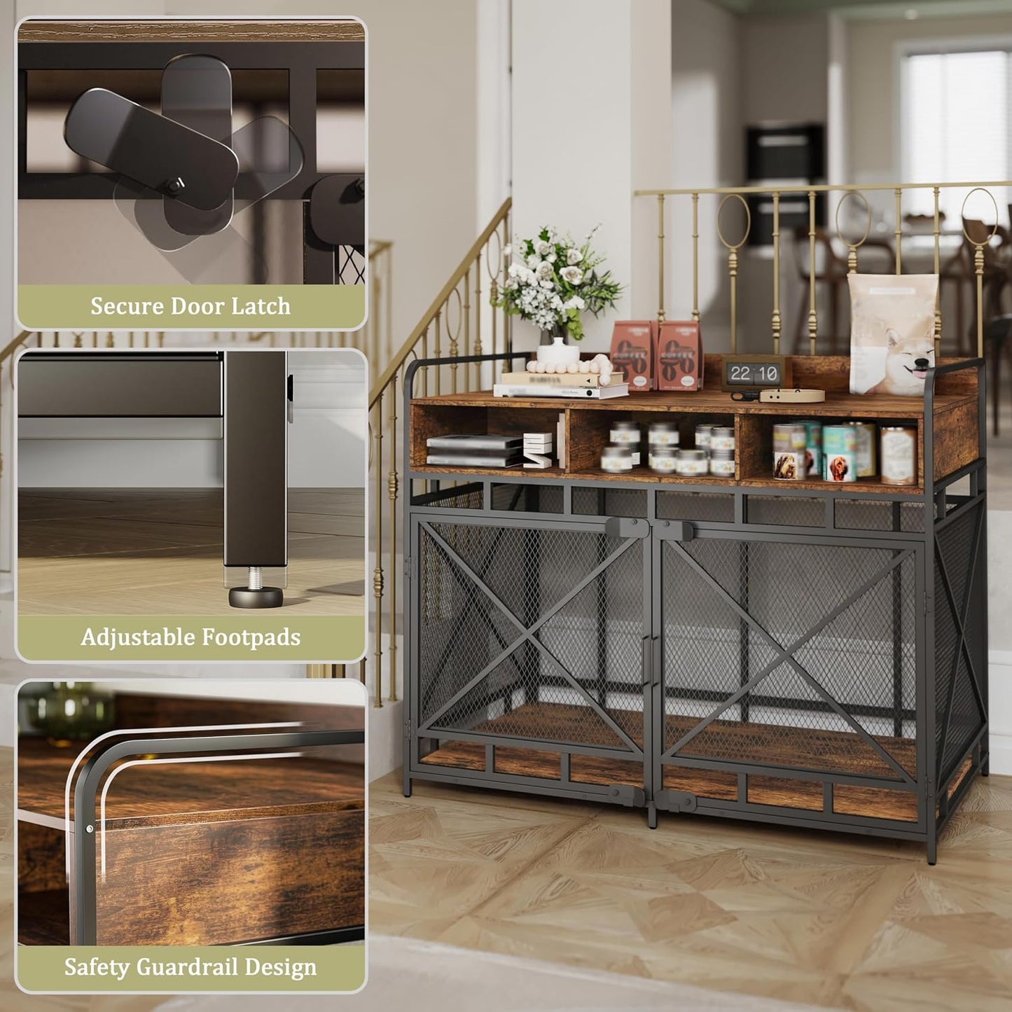 Dog Crate Furniture, 48" Heavy Duty Wooden Dog Crate End Table, XL Dog Kennel Furniture Large Breed, Decorative Dog Kennel Indoor with 3 Drawers & Steel Tubes 48" L x28 W x38 H (Rustic Brown)