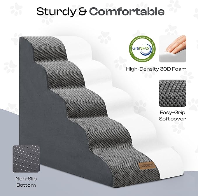Dog Stairs for High Beds Up to 30", Extra-Tall 24.5" 5-Step Foam Pet Ramp with Washable Cover, Gentle Slope Steps, Bed & Couch Ladder for Small Medium Dogs & Senior Cat, Puppy Climbing Stairs