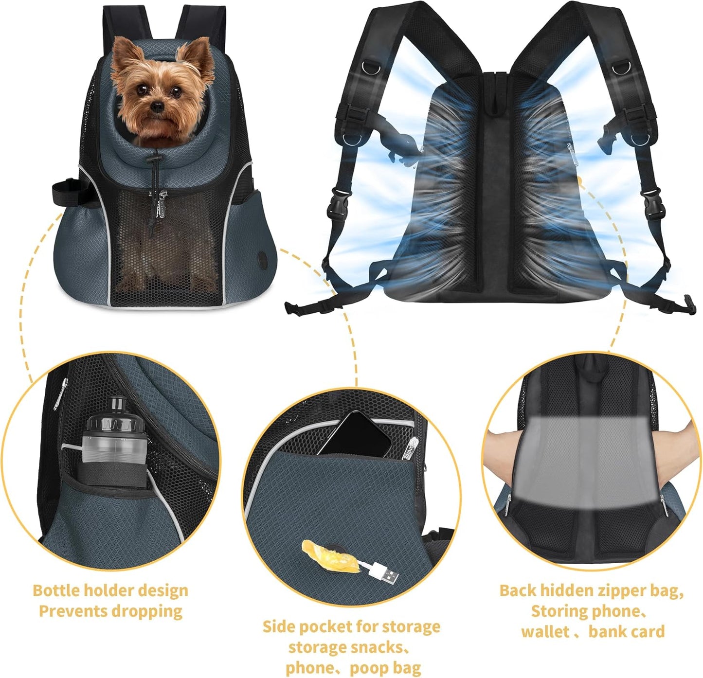 WOYYHO Pet Dog Carrier Backpack Small Dog Front Backpack Ventilated Mesh Dog Travel Back Pack with Safety Belt for Travel Hiking Cycling Outdoor Adventures (Size S: 2-4.5 lbs, Dark Gray)