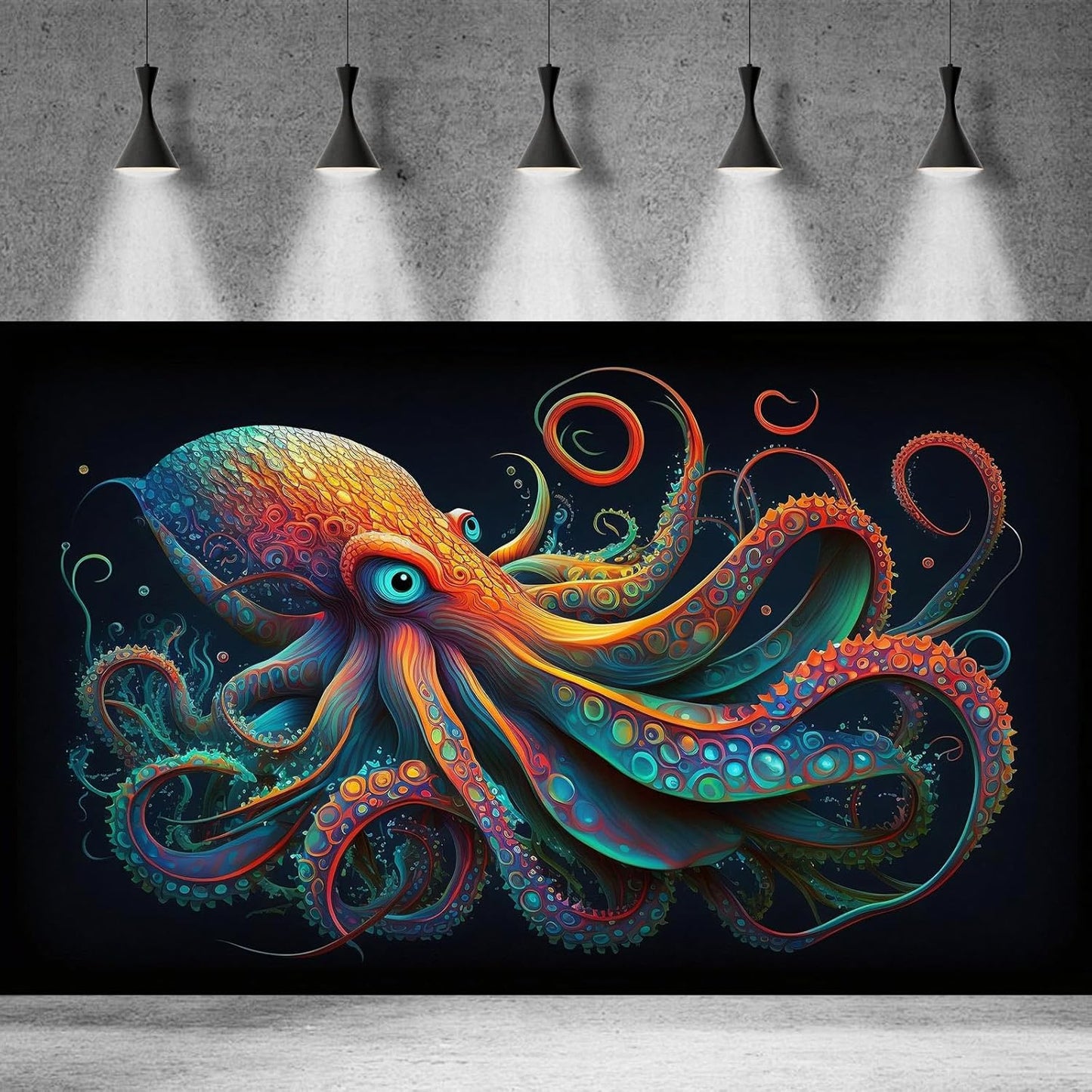 Octopus Aquarium Background Abstract Colorful Octopus Terrarium Background Glowing Octopus on Black Background Fish Tank Backdrop Poster Wallpaper Decorations Vinyl 36x20in
