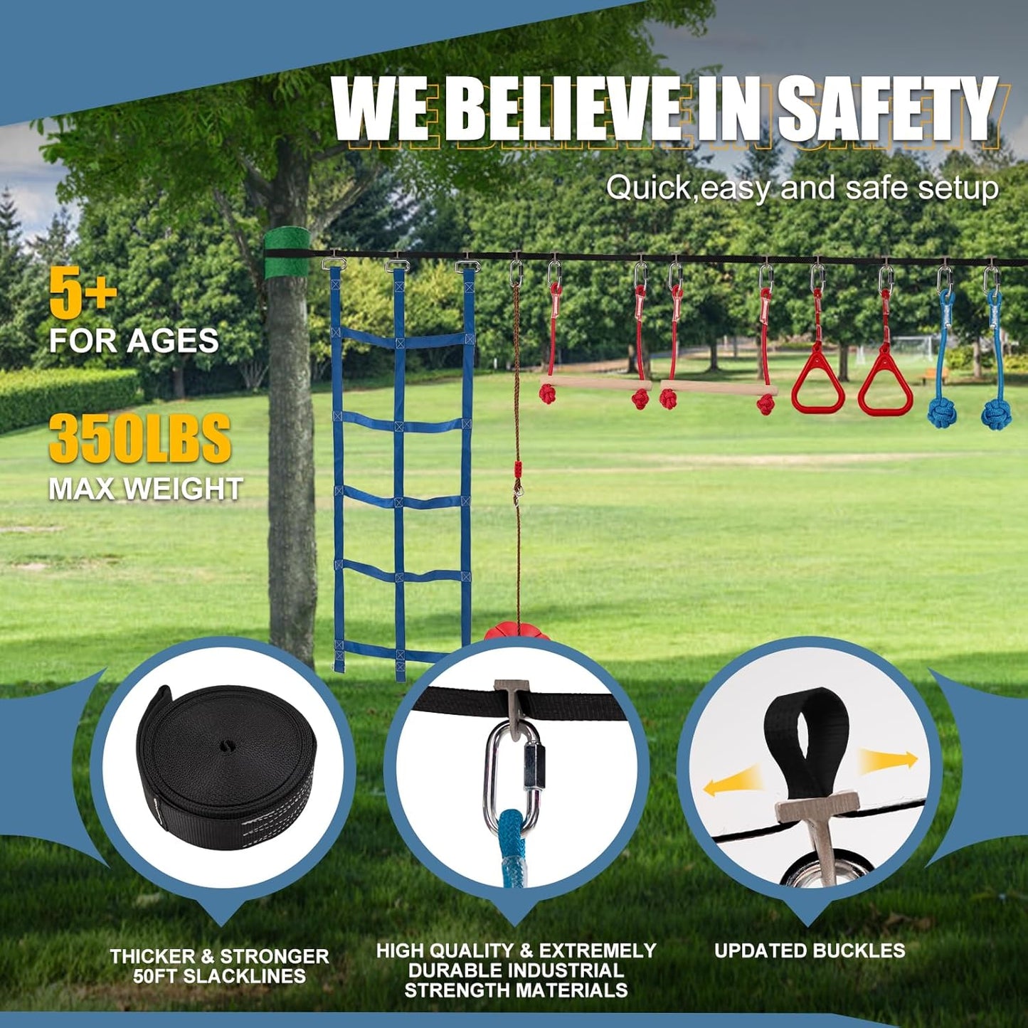 Slsy Ninja Warrior Obstacle Course for Kids, 50FT Durable Ninja Slackline Kit with 8 Complete Accessories, Playset Equipment with Swing, Climbing Net, Ladder & Monkey Bars (8 Obstacles)