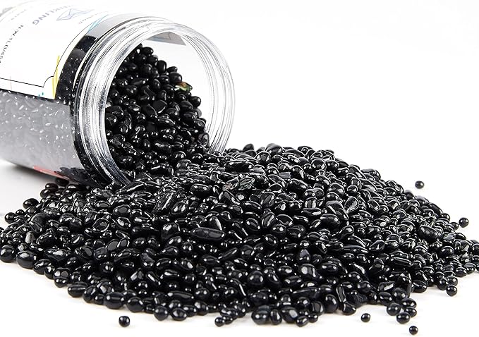 TWINKLING High Luster Round Fire Glass Stones, Marbles, Pebbles, Beads Gems for Fire Pit Vase Fillers Crafts Aquarium Garden Decoration, 3-6mm, 1-Pound Jar (Black)