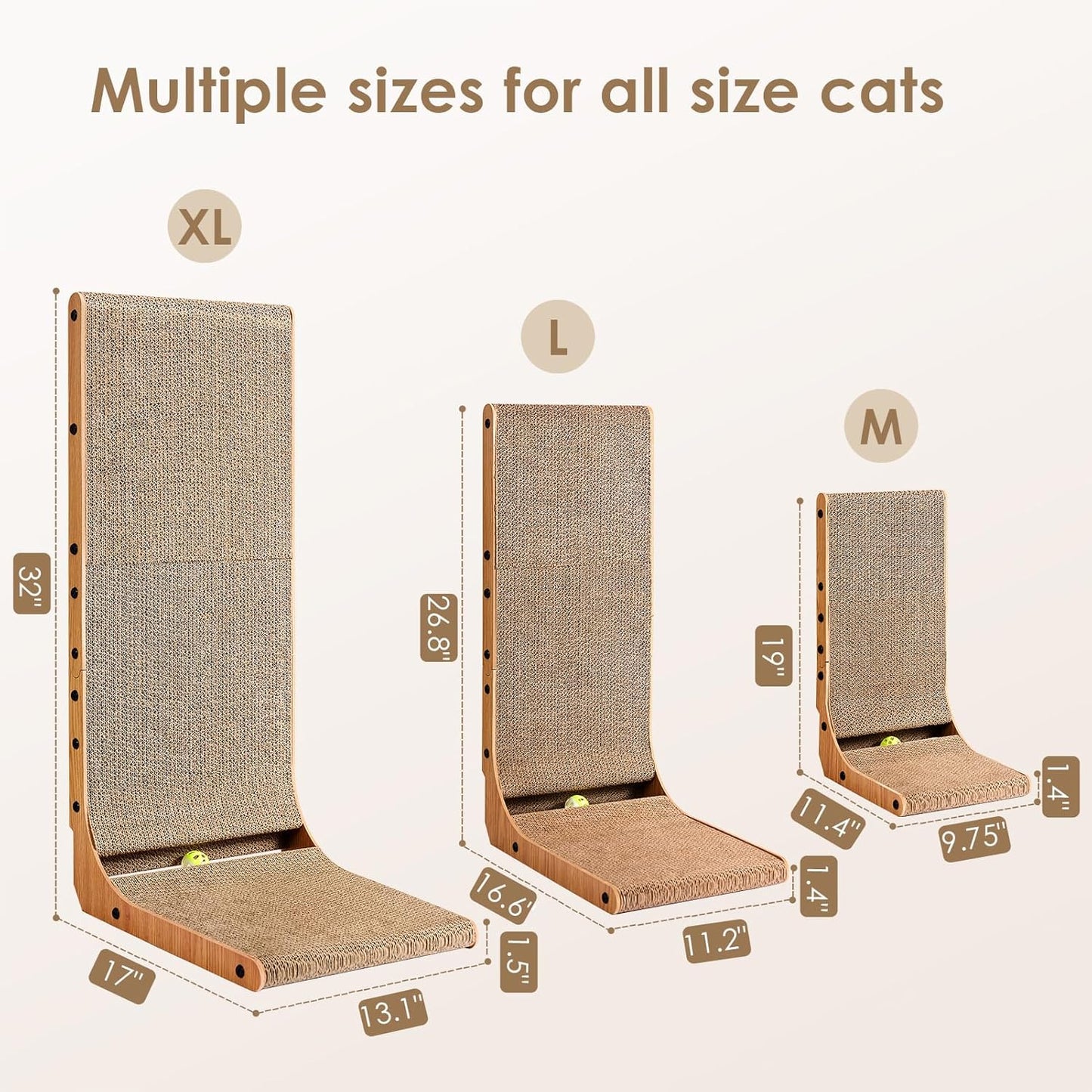 EHEYCIGA Cardboard Cat Scratcher for Indoor Cats, 32 Inch L Shaped Vertical Cat Scratching Board with Ball Cat Toy, Extra Large Cat Scratcher Pad, Brown