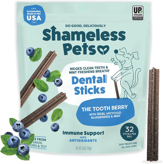 Shameless Pets Toothberry Dental Chews for Dogs – Natural Dog Dental Sticks for Fresh Breath, Teeth Cleaning & Removes Tartar, Grain-Free Dog Treats, No Corn or Soy, 32 Sticks