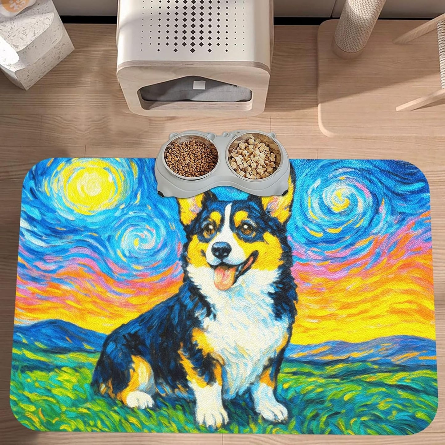 Starry Night Tri Color Dog Dog Food Mat Absorbent Bowl Mats No Stains Quick Dry Waterproof Pet Cat Placemats for Food and Water, 30x45cm