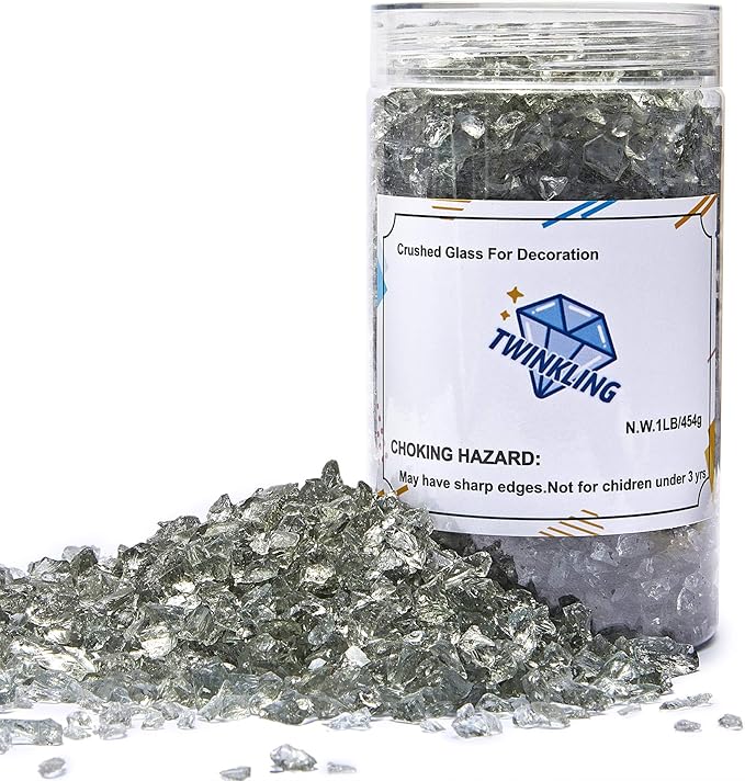TWINKLING High Luster Fire Glass Gravel Stone Glitter,Broken Glass,Fire Gems Chips,Crushed Glass for Fire Pit Crafts Resin Art Aquarium Garden Decoration,3-6mm,1-Pound Jar (Grey)