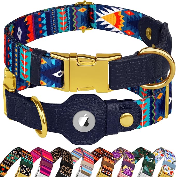 AirTag Dog Collar for Small Medium Large Breed - Adjustable Cute Pattern Dog Collar with Airtag Holder - Soft Leather Tracker GPS Apple Air Tag Pet Collars (X-Small, 9"-12" Neck Fit, Navajo)