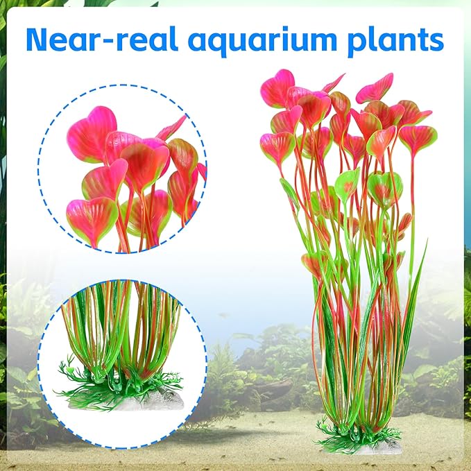 AQUANEAT Artificial Fish Tank Plants, Plastic Aquarium Accessories Large, 15.5 inch Pink Decorations, 2pcs