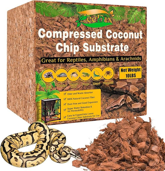ZeeDix 10LB Coco Fiber Chips Substrate for Reptiles, 72 Quart Coconut Fiber Husk Substrate Mulch Coco Chips Bricks Reptiles Bedding for Geckos, Lizards, Tortoises, Ball Python, Frogs