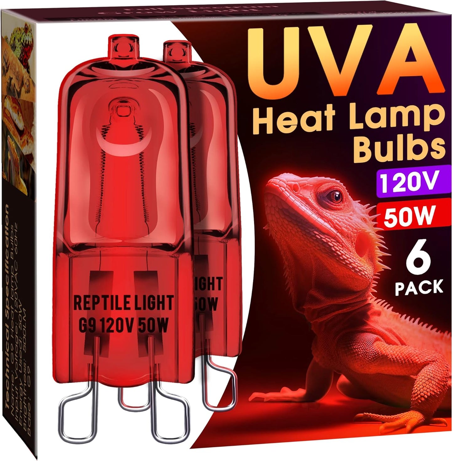 Briignite G9 Infrared Heat Lamp Bulbs for Reptile, Mini Reptile Light, Dimmable Night Red UVA Reptile Heat Lamp, 2 Pin Base Mini Heat Bulbs 50W, Bearded Dragon Turtle Lizard, 6 Pack