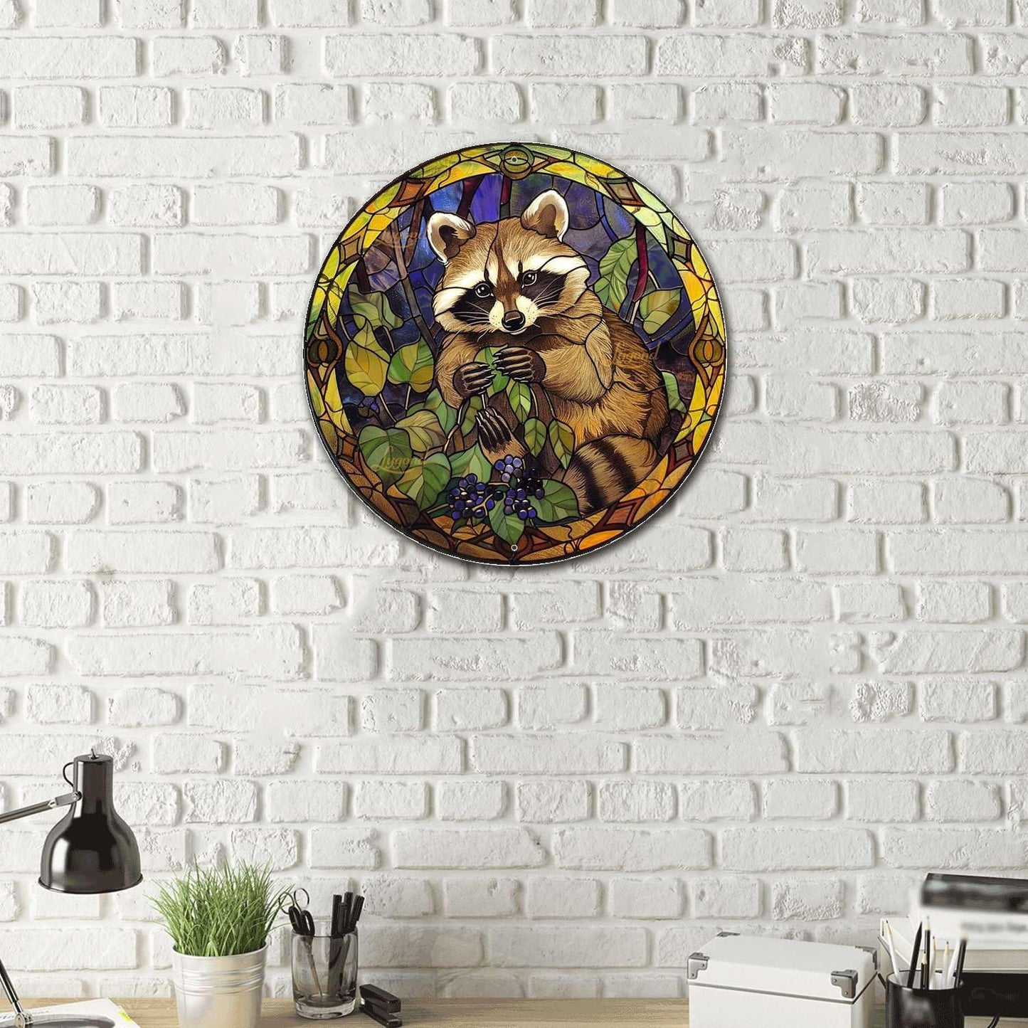 Lygond Metal Tin Sign - Circular Stained Glass Raccoon - Pub Sign - 1212 Inches