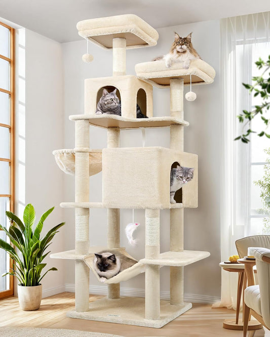 Globlazer Cat Tree Tower, 76-Inch Extra Tall Multi-Level Cat Furniture with Cozy Condos, Hammock and Perches for Adult Cats, Perfect for Climbing, Scratching, and Play, F76, Beige