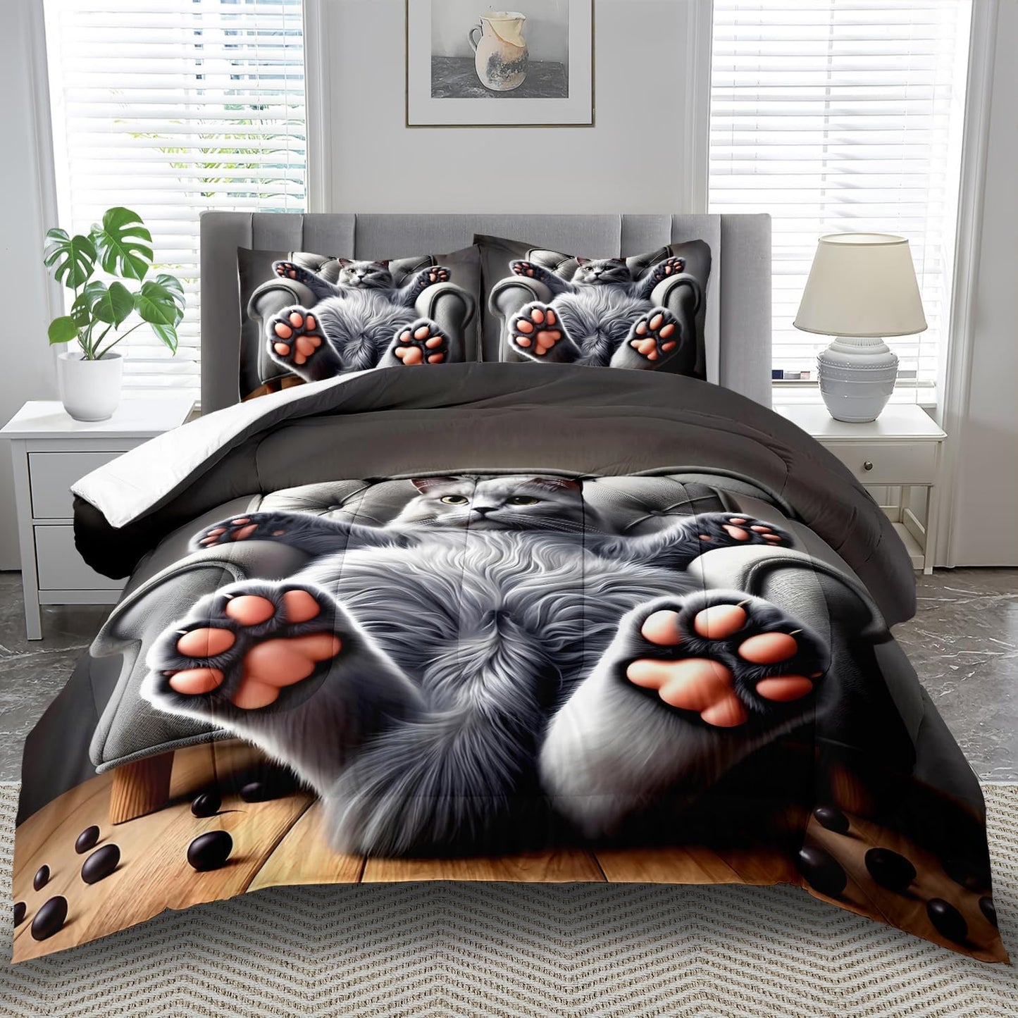 Cute Cat Comforter Set Twin,Grey Kawaii Cat Bedding Set Adult,Cute Animal Comforter for Boy,American Shorthair Bedding Grey,Kawaii Animal Print Quilt Bedroom Decor Kids