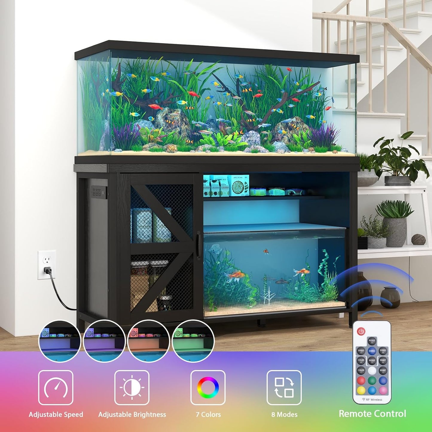 Verano 55-75 Gallon Aquarium Stand with Storage Cabinet, Fish Tank Stand with Power Outlets & LED Light, Wooden Turtle Tank 52 inch x 19.7-inch Desktop, Heavy Duty Steel Frame,1100LBS Capacity (Black)