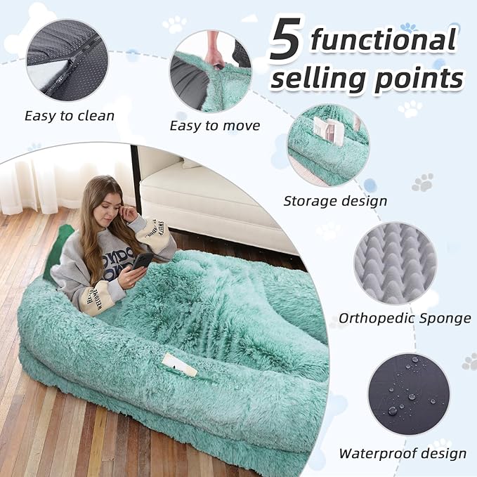 Human Dog Bed, 71''x45''x12'' Size Fits You and Pets, Washable Faux Fur Pet Bed for People Doze Off, Napping Orthopedic Dog Bed, Present Plump Pillow, Blanket, Strap - GreenWhite