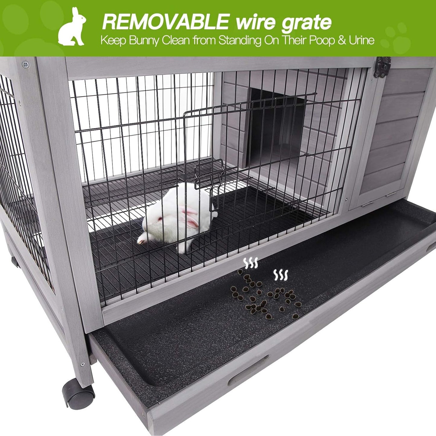 Indoor Rabbit Hutch Bunny Cage with 4 Casters, Bunny Hutch -Removable Wire Grate
