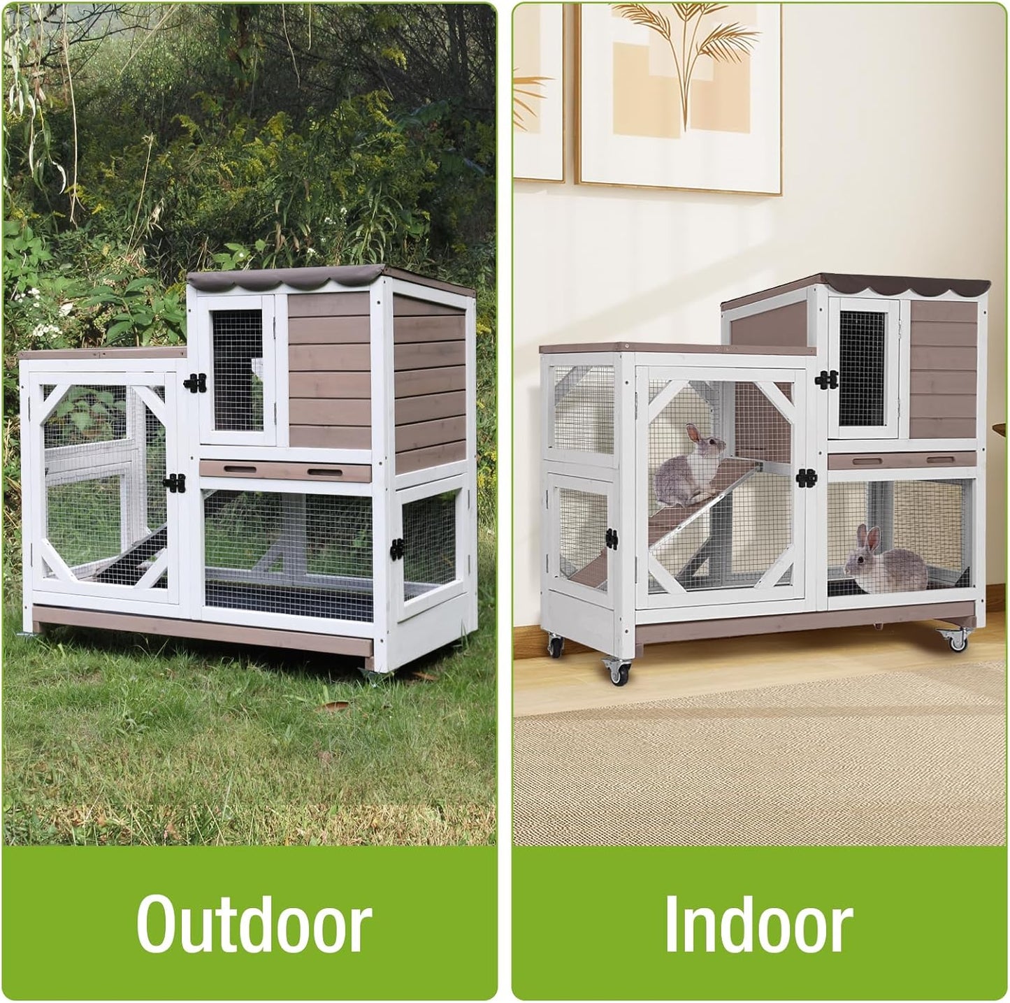 Wooden Rabbit Hutch with Two Story, Bunny Cage with Leak-Proof Trays, and Chew-Proof Ramp, Guinea Pig Cage with Wheels, Suitable for Indoor/Outdoor Use (Brown)