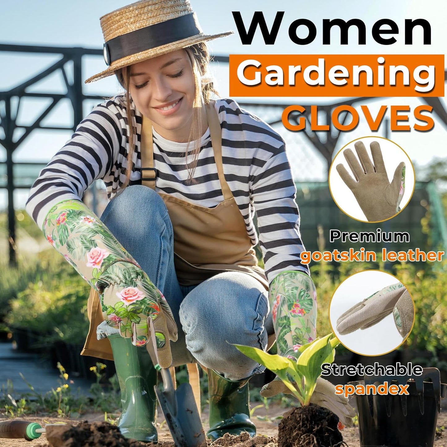 HANDLANDY Leather Gardening Gloves for Women, Thorn Proof Breathable Ladies Rose Pruning Garden Gauntlet Yard Gloves, Gift for Gardeners (Khaki, L)