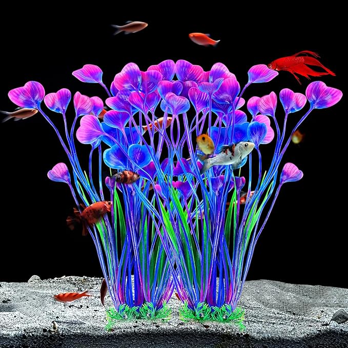 AQUANEAT Artificial Fish Tank Plants, Plastic Aquarium Accessories Large, 15.5 inch Purple Decorations, 2pcs
