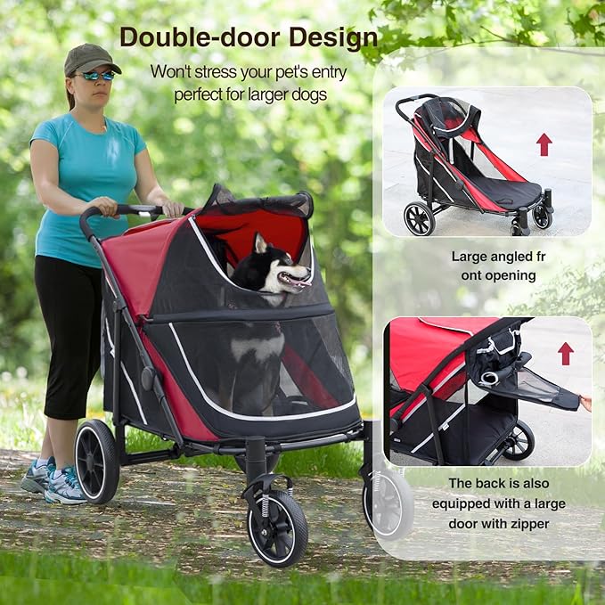 Dog Stroller for Medium/Large Dogs One-Click Folding, Extra Large Pet Stroller for 2 Dogs with Storage Pocket & Shock Absorption, Up to 130 lbs, Red