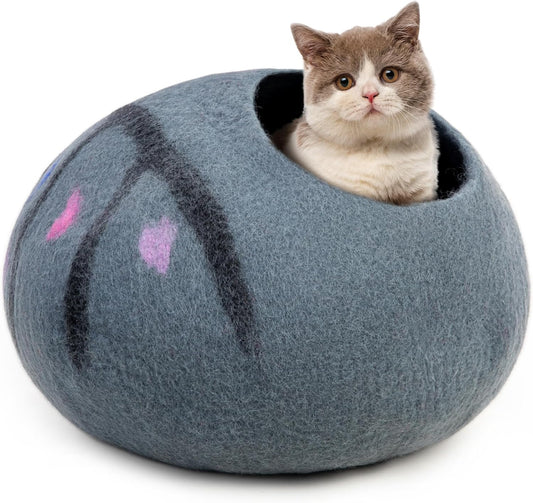 Woolygon Premium Felt Cat Cave Bed – Wool Kitty Beds Handcrafted Kitten Caves Bed for Indoor Cats - Made from 100% Eco-Friendly Merino Wool, Foldable Cat Hidewawy Covered Cat Houses (Enchanted Tree)