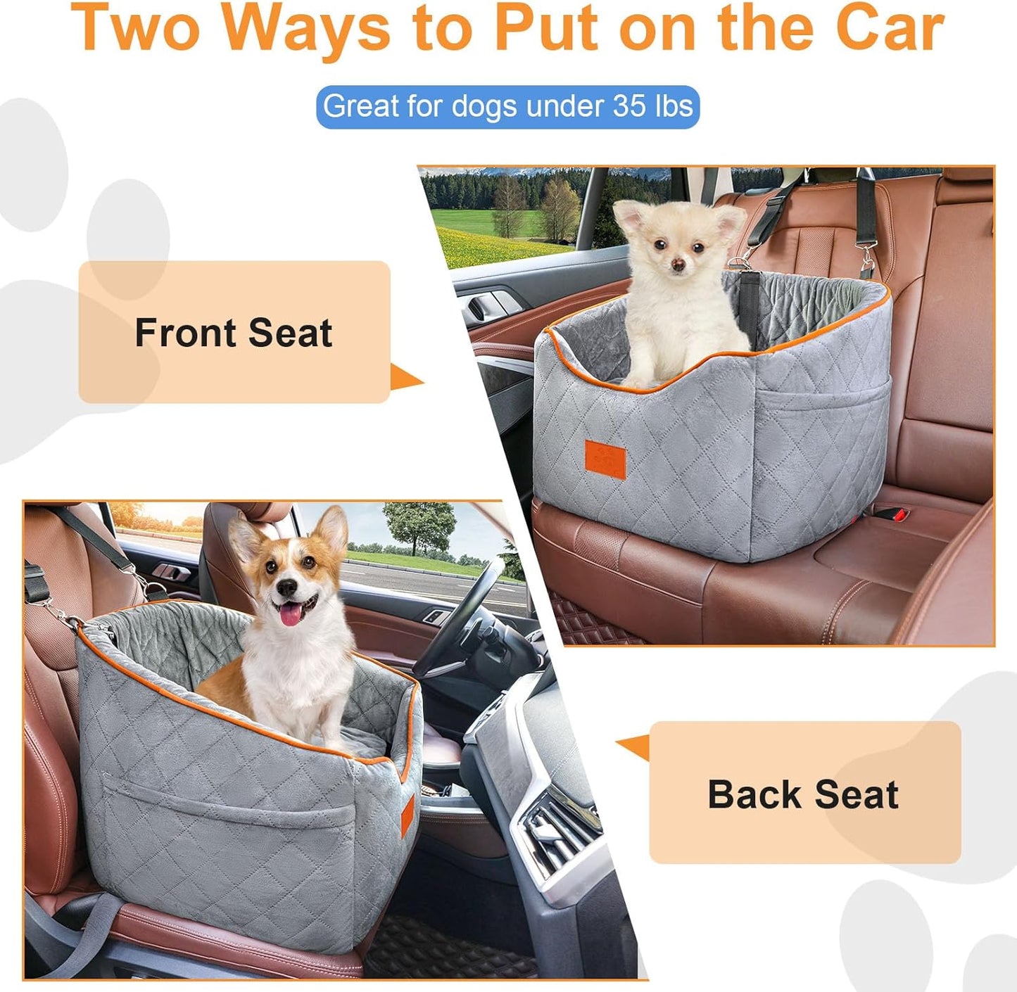 Dog Car Seat for Small Dogs, Memory Foam Booster Dog Seat for Dogs up to 35 lbs, Elevated Pet Car Seat with Washable Removable Cover, Storage Pockets (Gray)