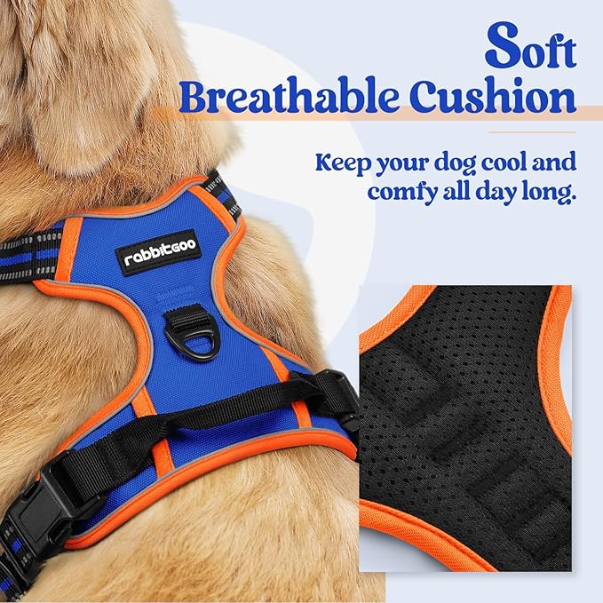 rabbitgoo Dog Harness No Pull with 2 Leash Clips, Adjustable Soft Padded, Reflective Oxford No Choke Pet Vest with Easy Control Handle for Large Dogs, Blue & Orange, L
