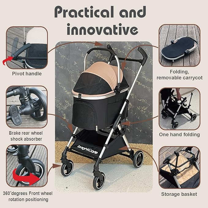 3-in-1 Small Pet Carrier with Stroller for Small Dogs & Cats Under 20 lb – Removable Carrier Converts to Car Seat – Lightweight, One-Hand Fold, No-Zipper Entry