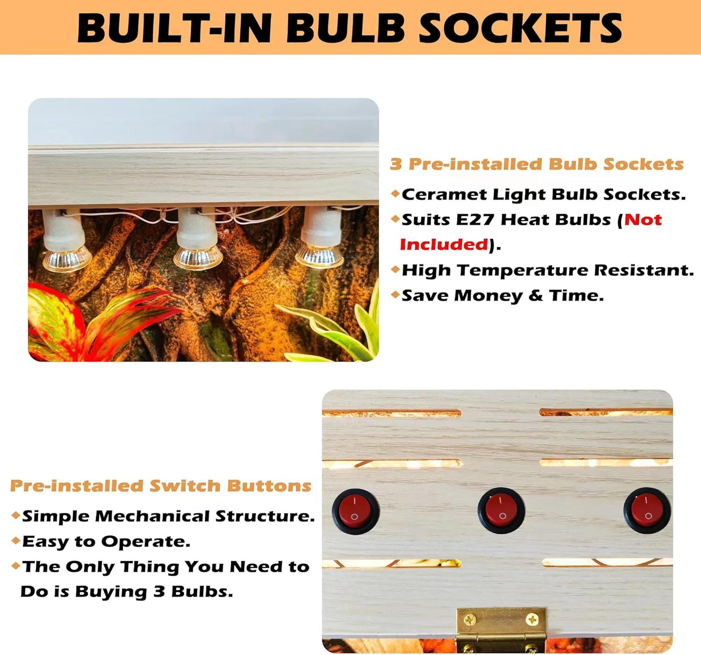 Prolee 68 Gallon Reptile Terrarium Tank Large 48 Inch Lizard Tank Bearded Dragon Tank with Roof Door, Snake Tank with Built-in Lamp Fixture and Switch, Side Windows, 48 Inch