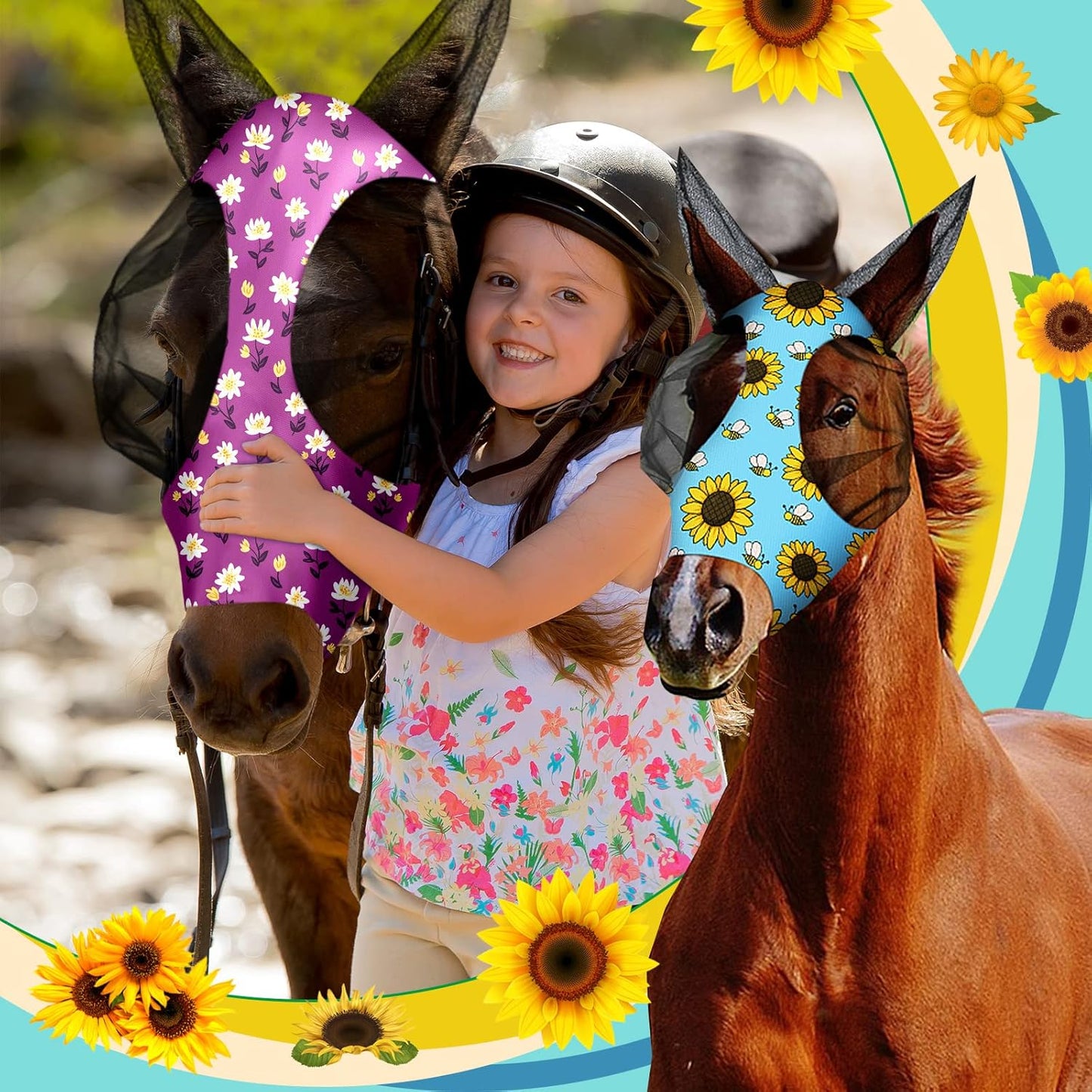 Qualirey12 Pieces Horse Fly Mask Bulk Comfortable Elasticity Mask for Horses with Ears Net UV Protection Breathable Horse Supplies Face Covering for Horse Pony and Foal (Flower Patterns, Large)