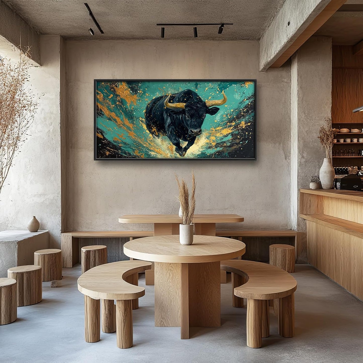 Large Bison Buffalo Wall Art for Living Room, Framed Oversized Bull Wall Decor, Abstract Teal and Golden Canvas Painting Modern Artwork for Living Room Bedroom Office Dining Room 60"x30"