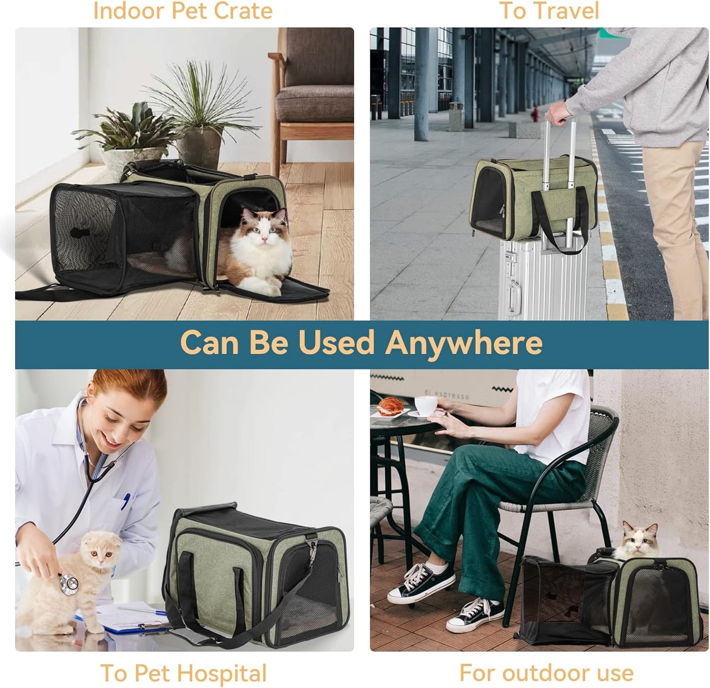 Petsfit Top Load Expandable Dog Carrier for Small Dog, Medium Cat, Or 2 Small Cats with Comfy Pad, Escape Proof, Easy Storage, Washable, Fit for Vet Visit and Outdoor, 19"X12" X12", Green