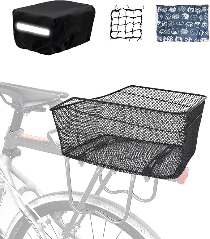 Rear Bike Basket, Tool-Free Install, Dog/Pet Carrier, Ebike Electric Bicycle Back Cargo Basket, Fits Most Rear Racks, with Waterproof Cover, Cargo Net