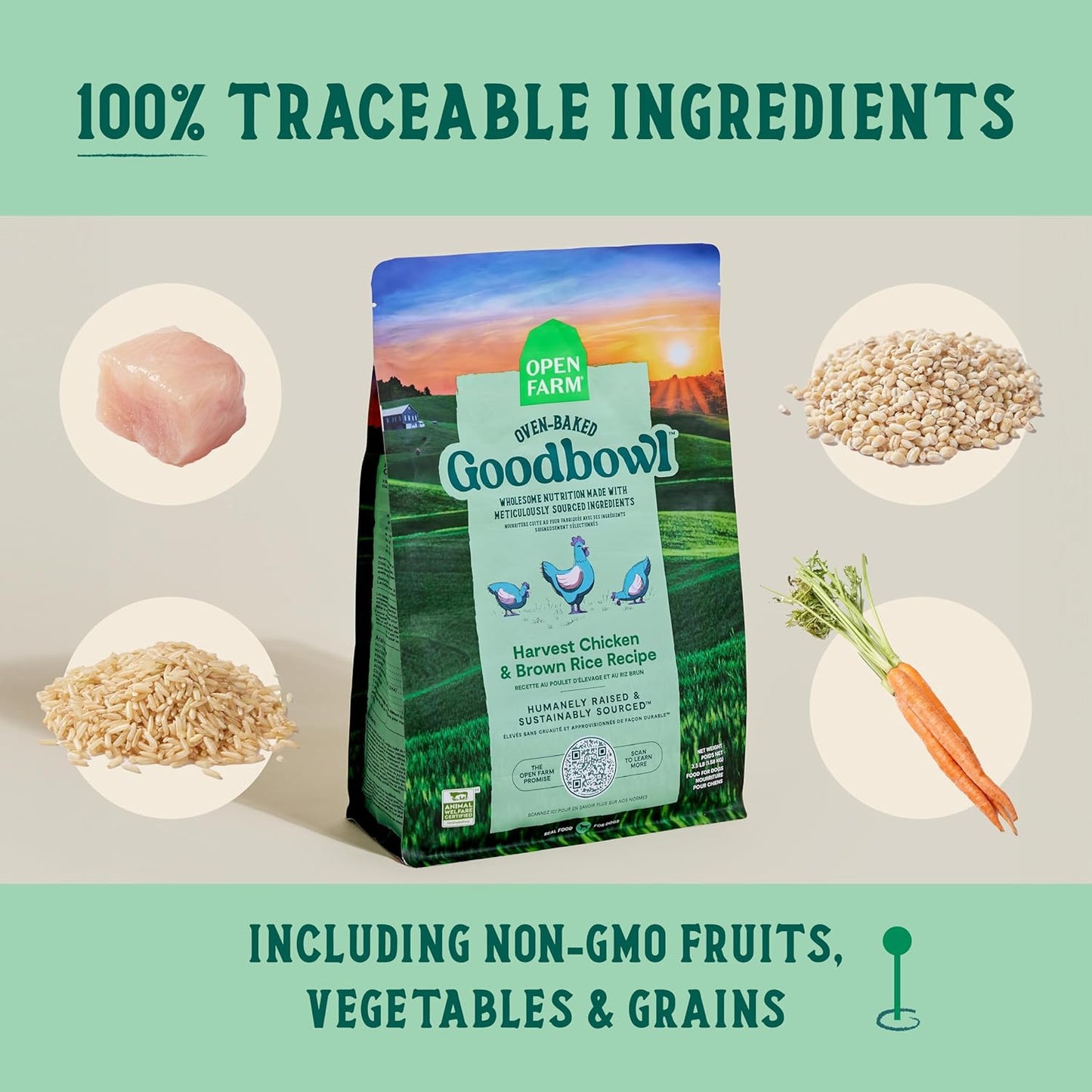 Open Farm Goodbowl, Oven-Baked Small Batch Dry Dog Food - Harvest Chicken & Brown Rice Recipe, Includes Non-GMO Produce & Grains, 22lb Bag (352oz Bag)