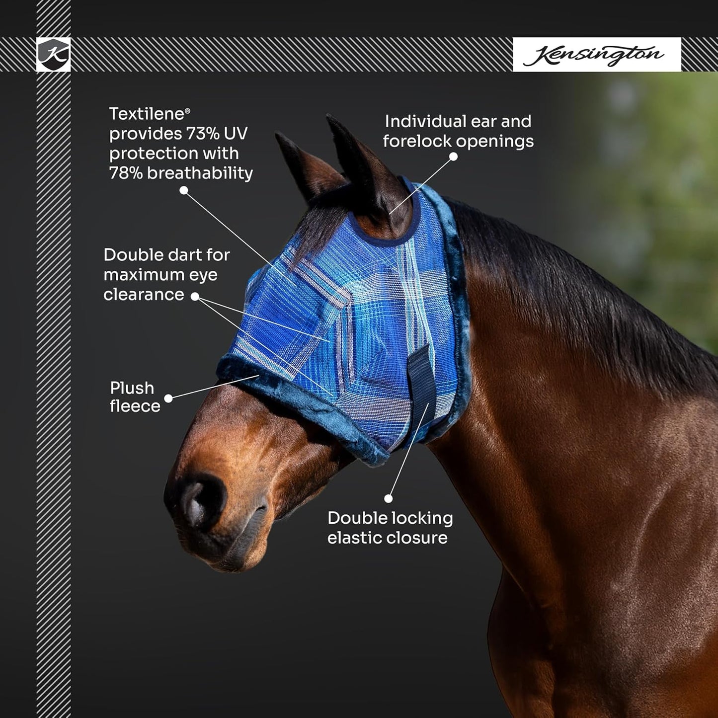 Kensington UV Fly Mask with Fleece Trim - Protective Mask with Dual Ear Opening & Forelock Freedom - Large, Lavender Mint