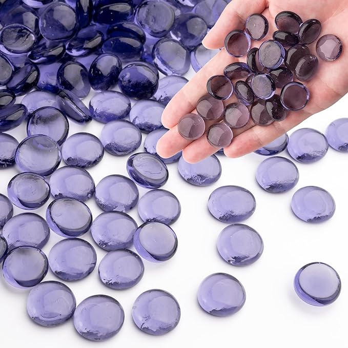 Purple Glass Marbles, 0.97 LB Transparent and Smooth Flat Glass Beads for Vases, Mosaic Gem Pebbles for Aquarium Decor, Floral Arrangements, Mancala Stones, Vase Filler and Crafts (Approx. 80-100 PCS)