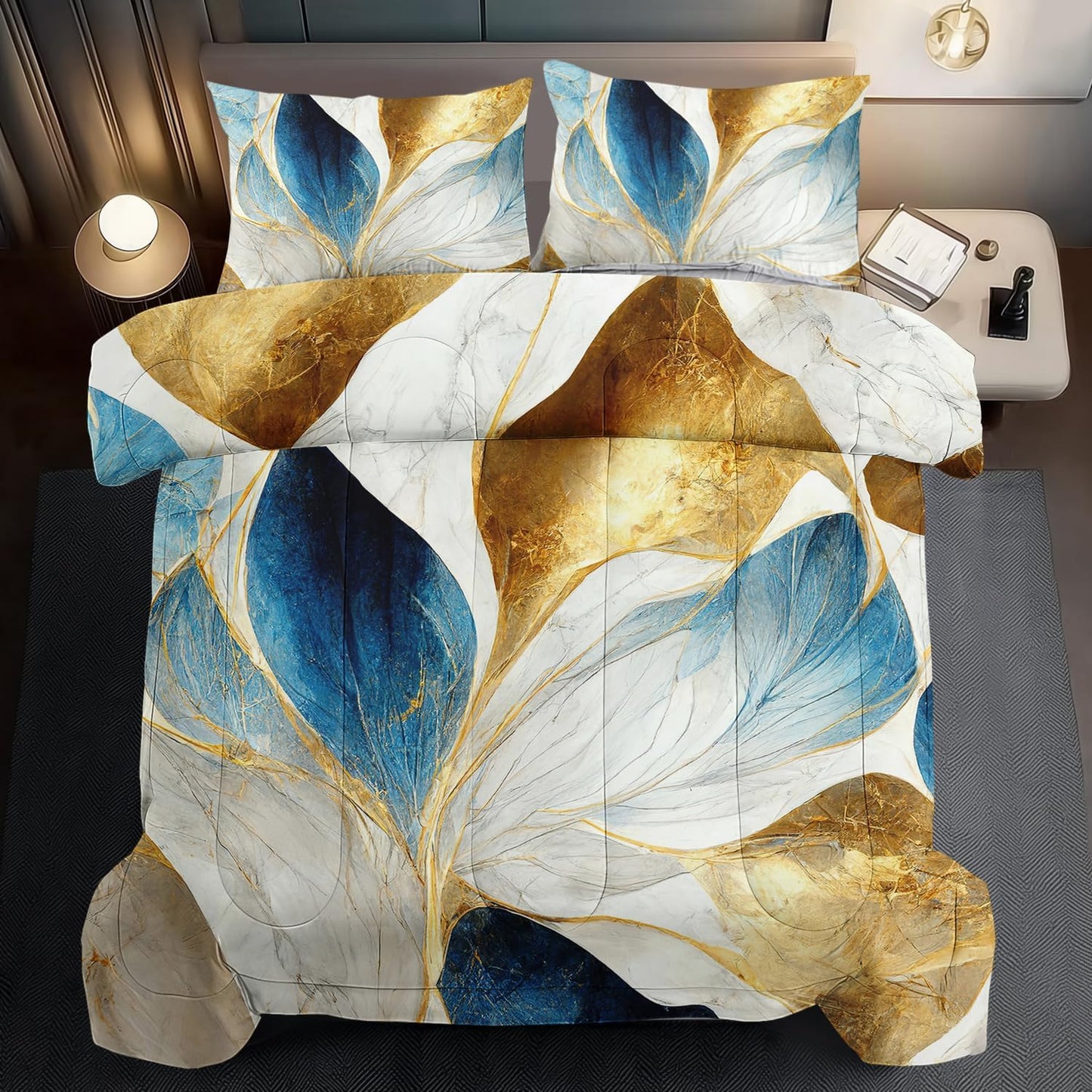 Vintage Floral Comforter Set Queen Size Women,Marble Flower Bedding Set Queen,Marble Blue Flower Bed Comforter,Blue and Gold Floral Quilt Bedroom Decor for Kids and Adults
