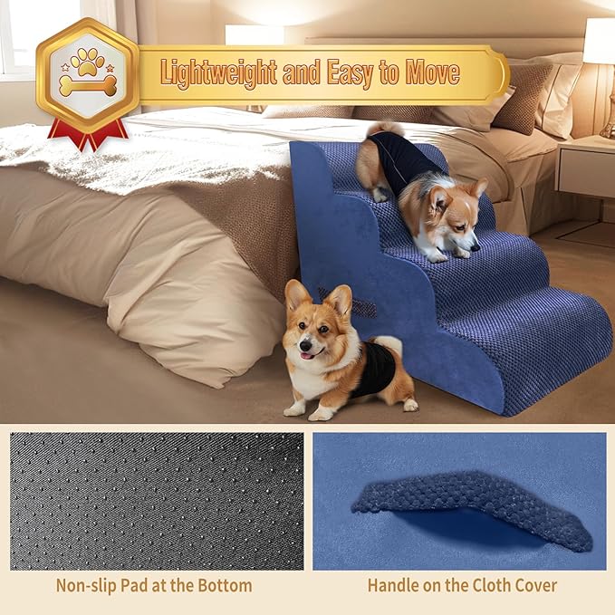 PAWSCART Dog Stairs for Small Dogs and Cats, 4-Step Dog Steps for Bed, 19.6" H Pet Stairs for High Bed, Pet Ramp for Couch, Sofa, Non-Slip Surface Removable Washable Cover, Blue