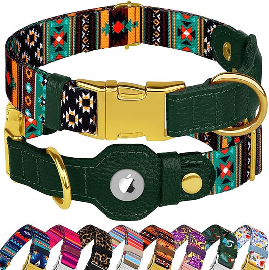 AirTag Dog Collar for Small Medium Large Breed - Adjustable Cute Pattern Dog Collar with Airtag Holder - Soft Leather Tracker GPS Apple Air Tag Pet Collars (Large, 17"-21" Neck Fit, Tribal)