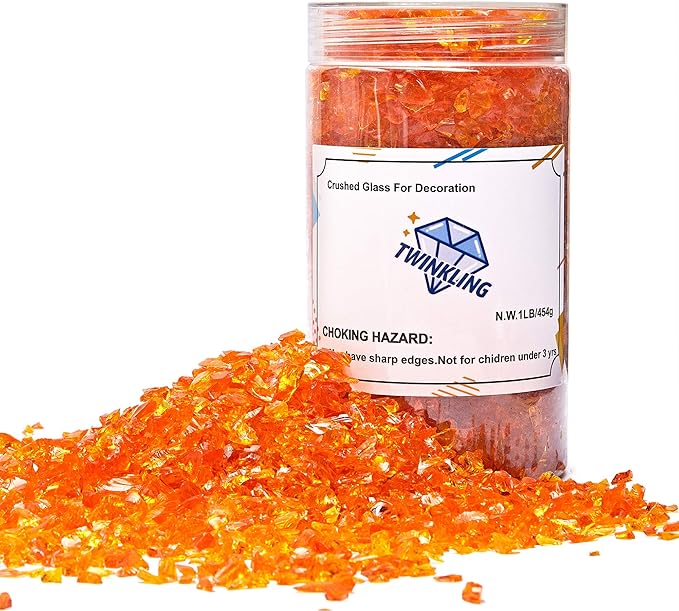 TWINKLING High Luster Fire Glass Gravel Stone Glitter,Broken Glass,Fire Gems Chips,Crushed Glass for Fire Pit Crafts Resin Art Aquarium Garden Decoration,3-6mm,1-Pound Jar (Orange Red)