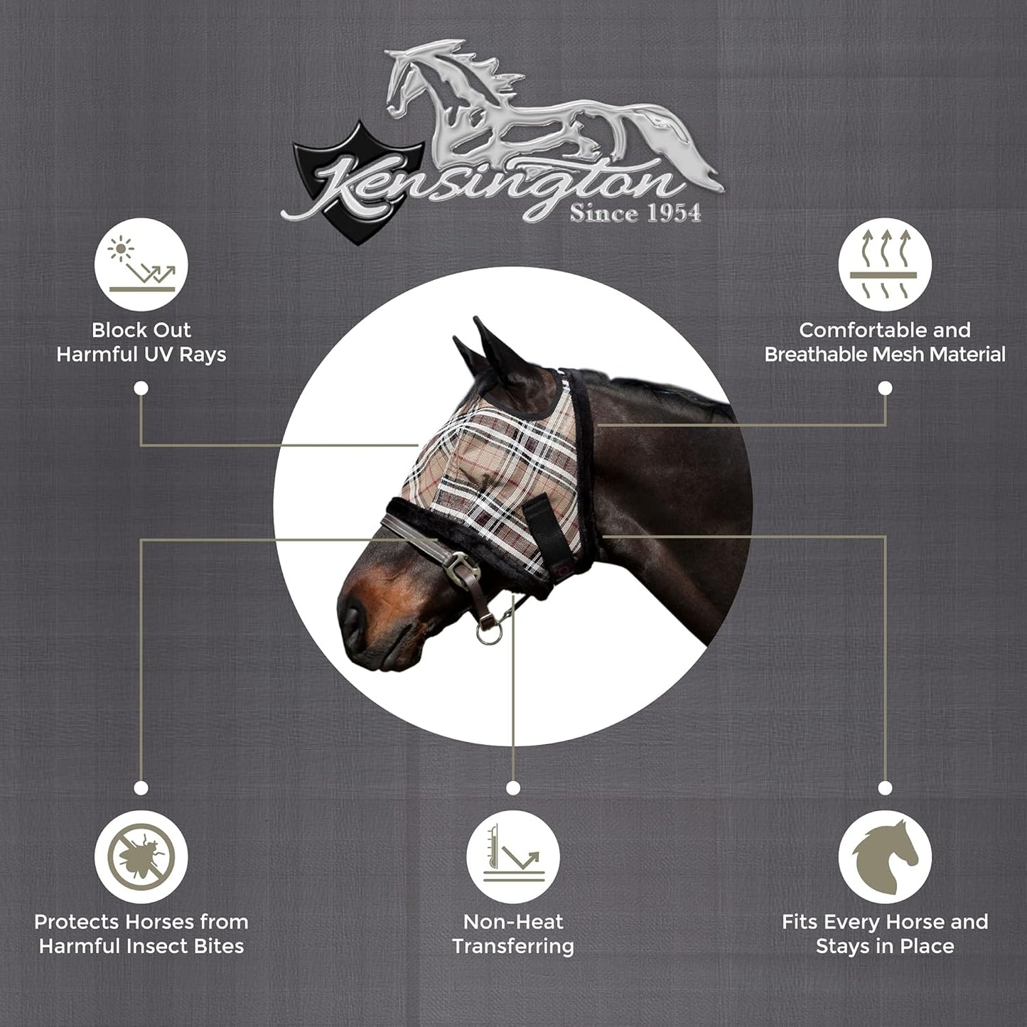 Kensington Fly Mask with Fleece Trim for Horses — Protects Face and Eyes Helps Block Sun Rays While Allowing Full Visibility — Breathable and Non Heat Transferring