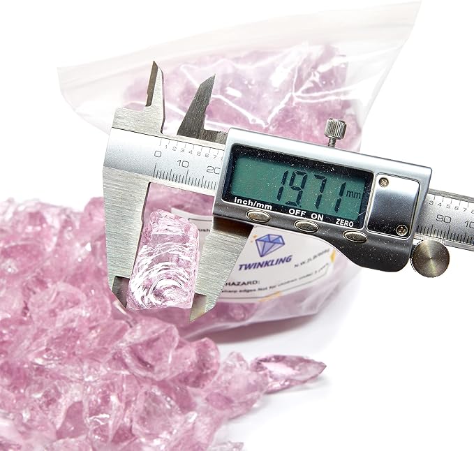 TWINKLING High Luster Fire Glass Gravel Stone,Broken Glass,Fire Pit Glass,Crushed Glass for Fireplace Pit Aquarium Garden Decoration,1-3cm,2-Pound Jar (Pink)