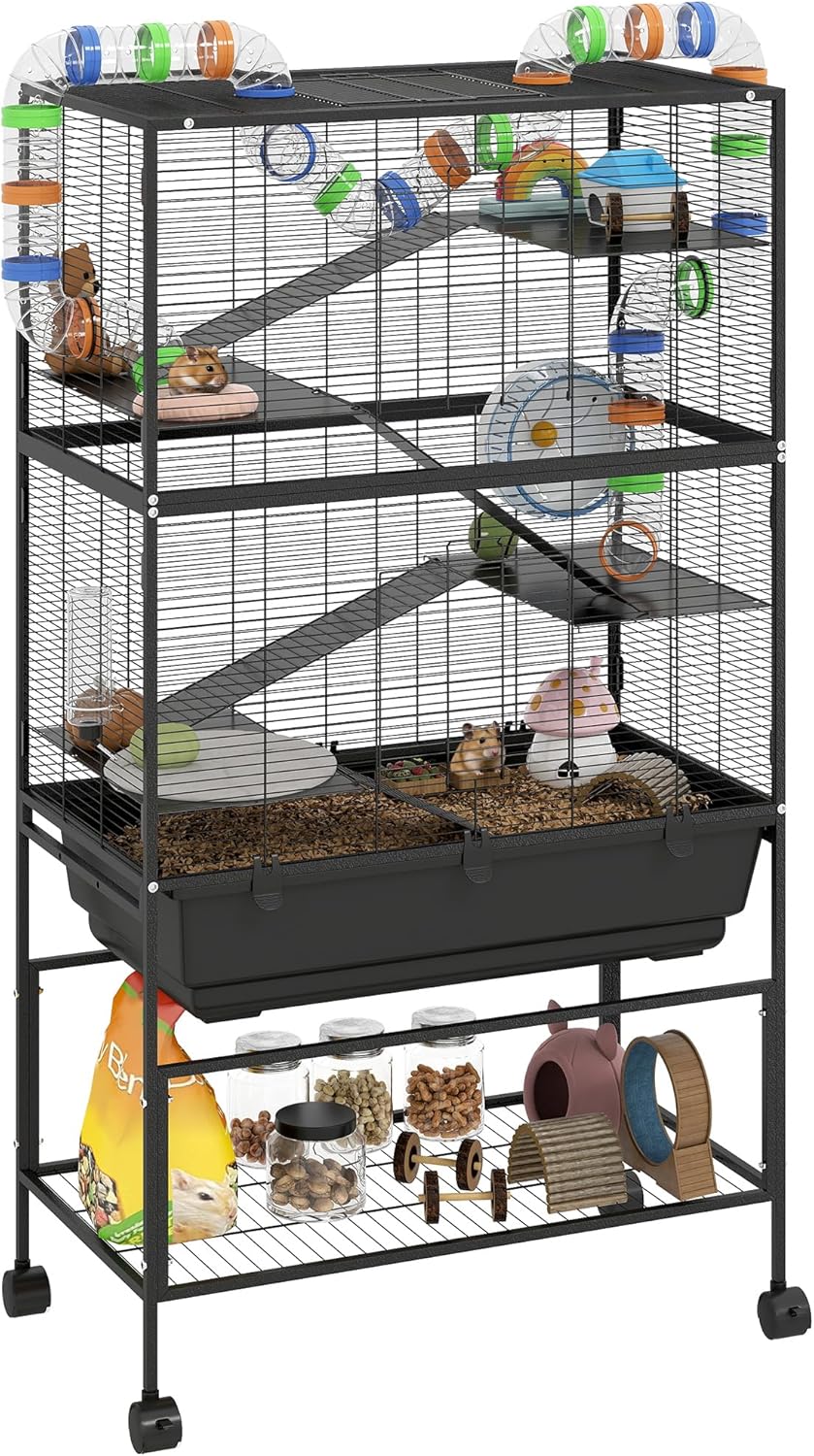 PawHut Hamster Cage with Deep Tray, 5 Tier Rolling Rat Cage with Storage Shelf, Big Exercise Wheel, Tube System, Hut, Platforms, Ramps, Food Dish, Water Bottle, for Syrian, Gerbil, Mouse